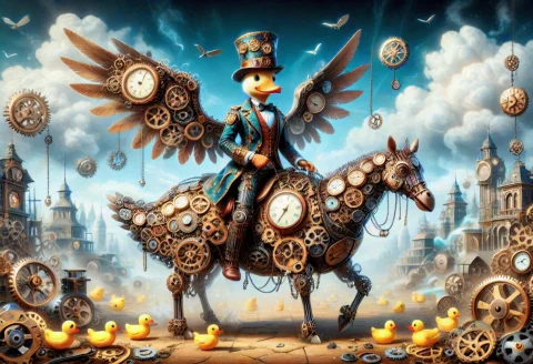 Lazypos, Clockstyle, Duck, Clockwork Duck, Solo, Riding Tank... — SDXL AI Prompt: lazypos, clock_style, duck, clockwork duck, solo, riding tank, wearing top hat,...