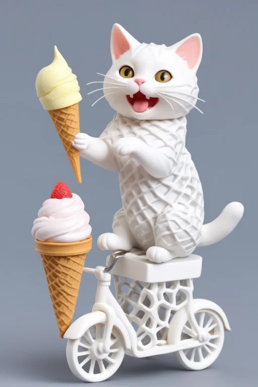 A Cute And Happy Cat Riding On A Cat Holdings A Icecream. Jo...