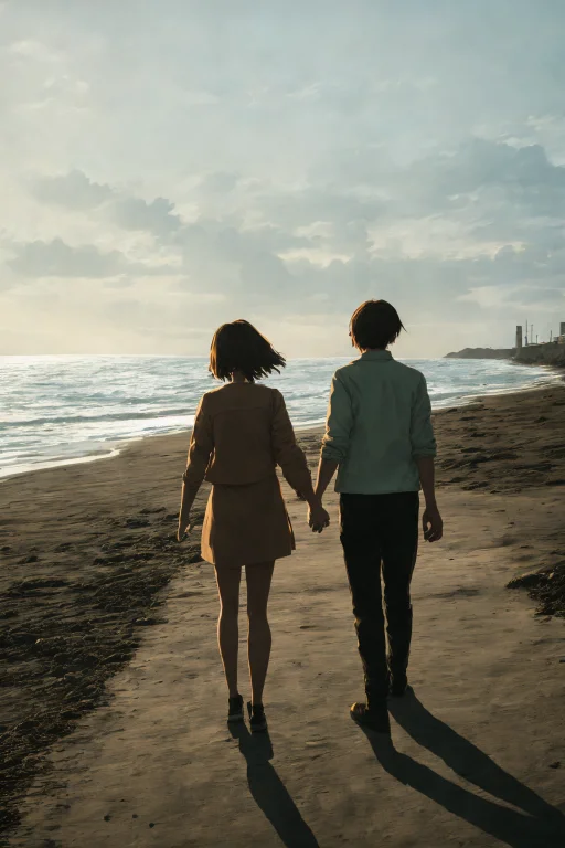 A Cute Couple Holding Hands As They Walk Into The Sunset, In...