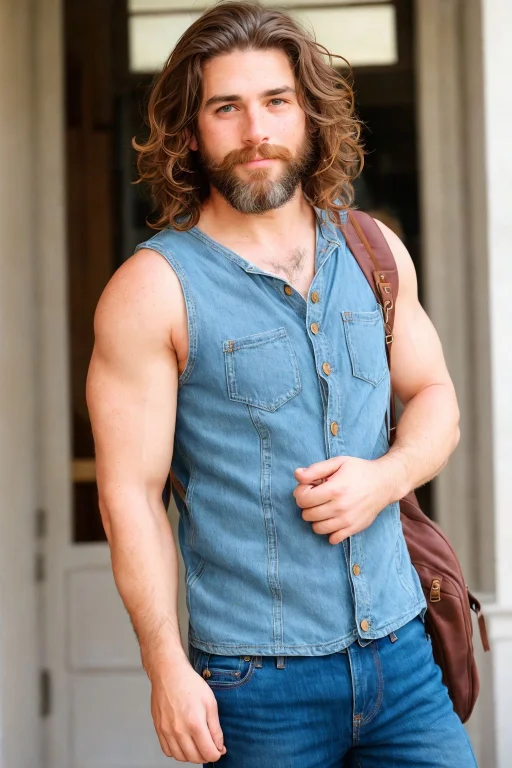 Photogenic Handsome Mature Man In Tank-top And Denim Jeans W...