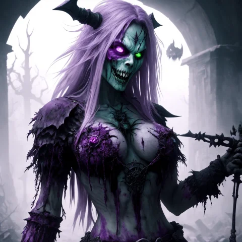 Solo, Spooky, Decayed Zombie Woman, Glowing0.7 Hazel Eyes, V... — Stable Diffusion AI Prompt: solo, spooky, decayed zombie woman, (glowing:0.7) hazel eyes, vivid colors, whit...