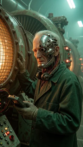 Dcsc1f1. Medium Close-up Portrait Of An Elderly Cyberpunk En... — Stable Diffusion AI Prompt: DCSC1F1. Medium close-up portrait of an elderly cyberpunk engineer standing besi...