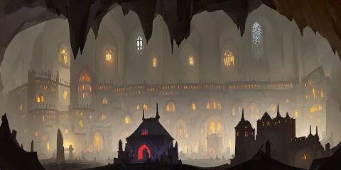 A Dark Cavernous Cave Monastery Lit By Torches And Sconces W... — Stable Diffusion AI Prompt: a dark cavernous cave monastery lit by torches and sconces with red blood and da...