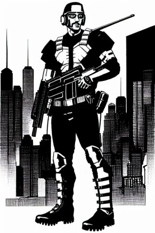 Therpgchargenesafart1 Cyberpunk 1man A Shotgun With Tall Boo... — Stable Diffusion AI Prompt: (TheRPGCharGenEsAFArt:1) cyberpunk 1man a shotgun with tall boots and helmet