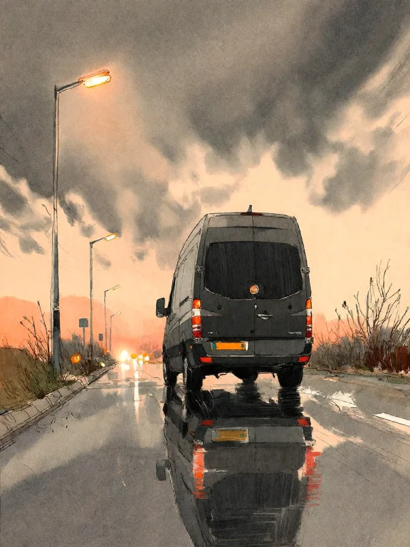 Bradhamel Art Style. A Solitary Black Delivery Van Drives Aw...