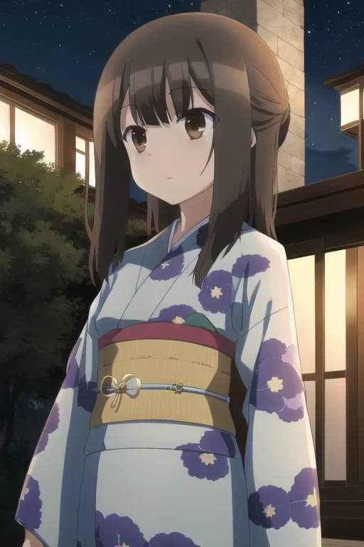 Outdoors,night,stars,kimono ,belt, 1girl, Solo, Longhair, Ba...