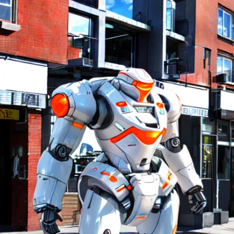 A Realistic Photograph Of A 3d Robot In A Modern City. A Glo... — Stable Diffusion AI Prompt: A realistic photograph of a 3d robot in a modern city. A glossy white and orange...