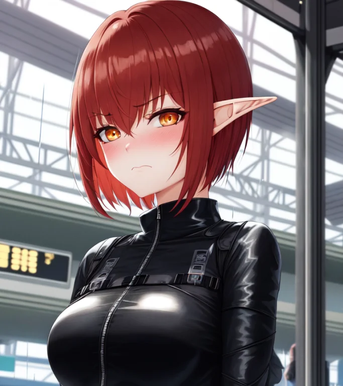 1girl, Detailed, Black Dress, Red Hair, Short Hair, Orange E...