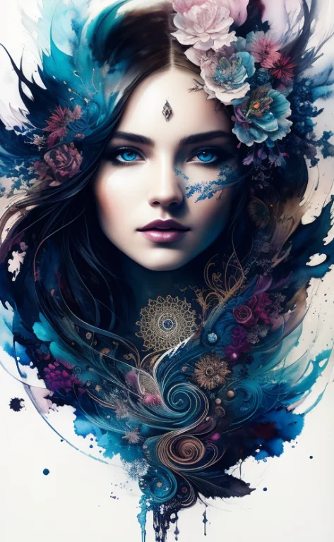 Colorful Beautiful Woman Black Ink Flow 8k Resolution Photor...
