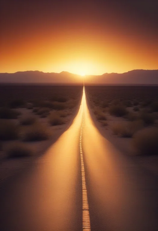 A Desert Road Running Straight Into A Sunset, Photograph, F1...
