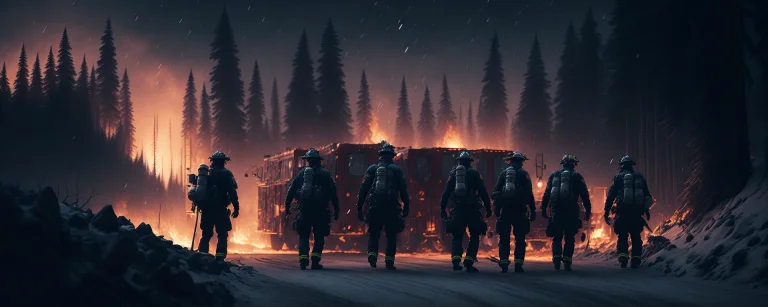 3man Firefighters Near The Fire Truck On Road, Burning Fores...