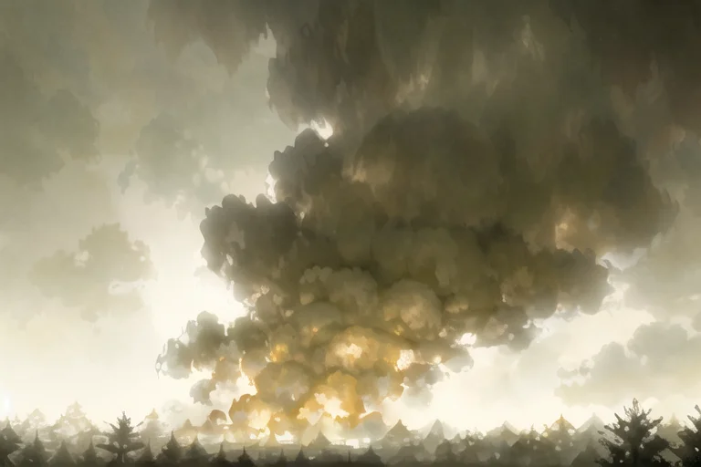 A Forest With Trees, In The Distance Smoke In The Sky, In Th...