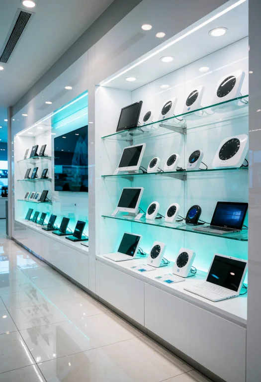 Frutiger Aero, A Bright White Electronics Store Display With...