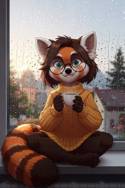 A Digital Illustration Of Cheerful Red Panda Girl With Fluff...