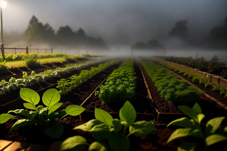 A Foggy Morning Over A Quiet Vegetable Garden, Cinematic Lig...