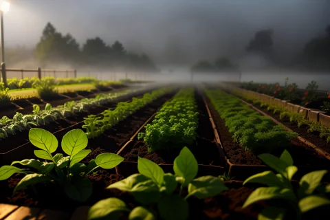 A Foggy Morning Over A Quiet Vegetable Garden, Cinematic Lig... — Stable Diffusion AI Prompt: a foggy morning over a quiet vegetable garden, cinematic lighting, extreme close...