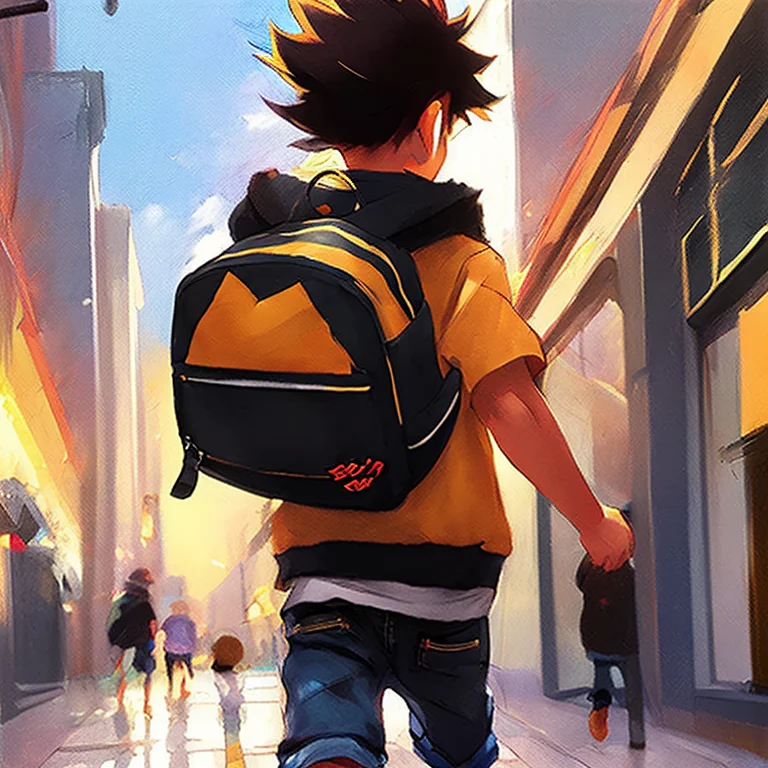 A Little Boy With A Pokemon Backpack Running Down A Tokyo Si...