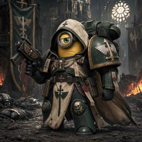 A Cute Yellow Minion From Despicable Me Reimagined As A Dark... — Stable Diffusion AI Prompt: A cute yellow Minion from Despicable Me reimagined as a Dark Angels Space Marine...