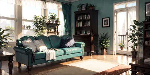 Living Room, Couch, Window, Curtains, Dappled Sunlight, Pott... — Stable Diffusion AI Prompt: living room, couch, window, curtains, dappled sunlight, potted plant, table, cab...