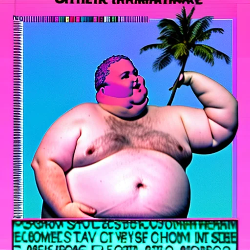 A Vaporwave Screenshot Shirtless Fat Man, Skull Icons On Top...
