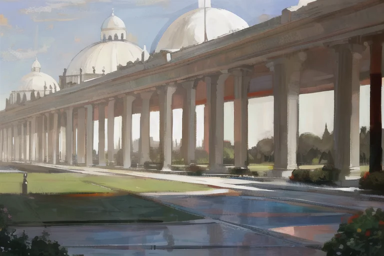 A Painting Of A Large White Building With A Dome And Pillars...