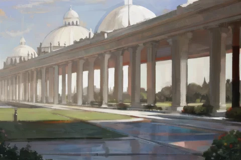 A Painting Of A Large White Building With A Dome And Pillars... — Stable Diffusion AI Prompt: a painting of a large white building with a dome and pillars on the side of it a...