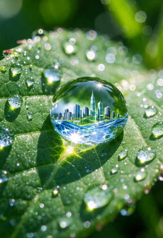 Frutiger Aero, Macro Photograph Of A Water Droplet On A Brig...