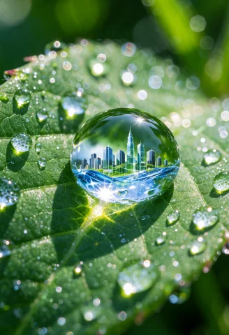 Frutiger Aero, Macro Photograph Of A Water Droplet On A Brig... — Stable Diffusion AI Prompt: frutiger aero, macro photograph of a water droplet on a bright green leaf refrac...