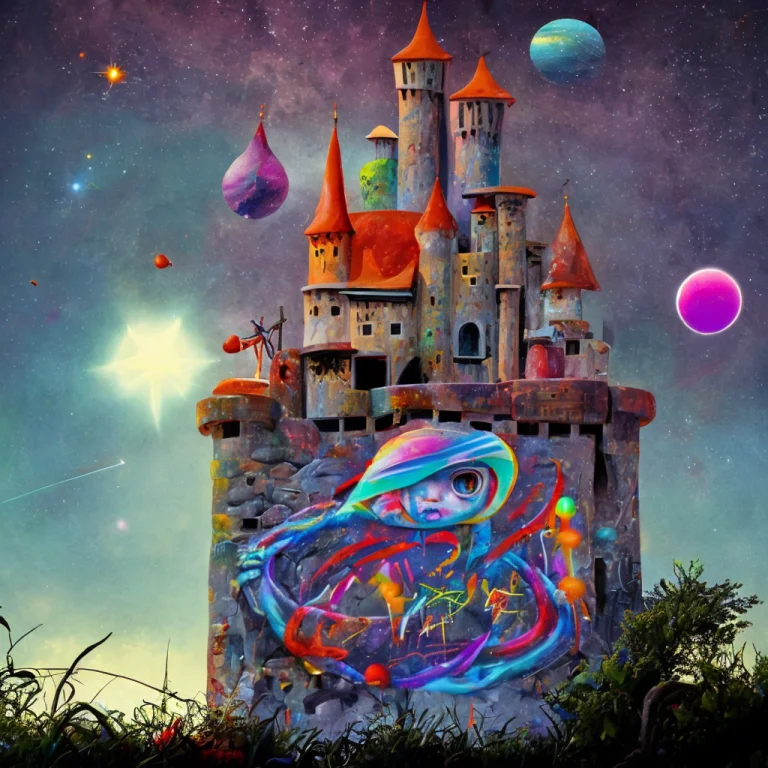 Graffiti On A Stone Castle With Parapets Floating In Space,...