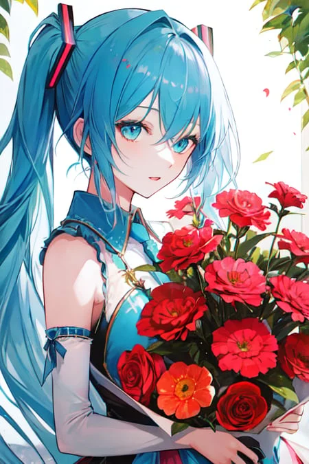 1girl, Miku, Solo, Flowers, Long Hair, Pink Flowers In The B...