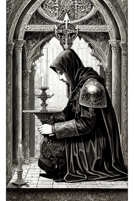A Steampunk Knight Templar Kneeling, Praying At An Altar, In...