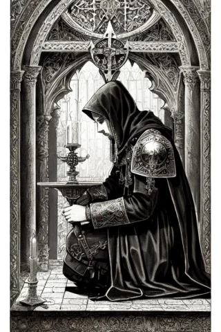 A Steampunk Knight Templar Kneeling, Praying At An Altar, In... — Stable Diffusion AI Prompt: a steampunk knight Templar kneeling, praying at an altar, intricate, detailed, d...