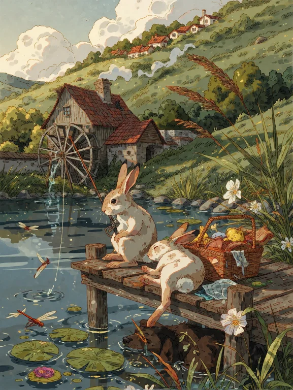 Two Small Rabbits Sitting On A Wooden Pier Beside A Quiet Ri...