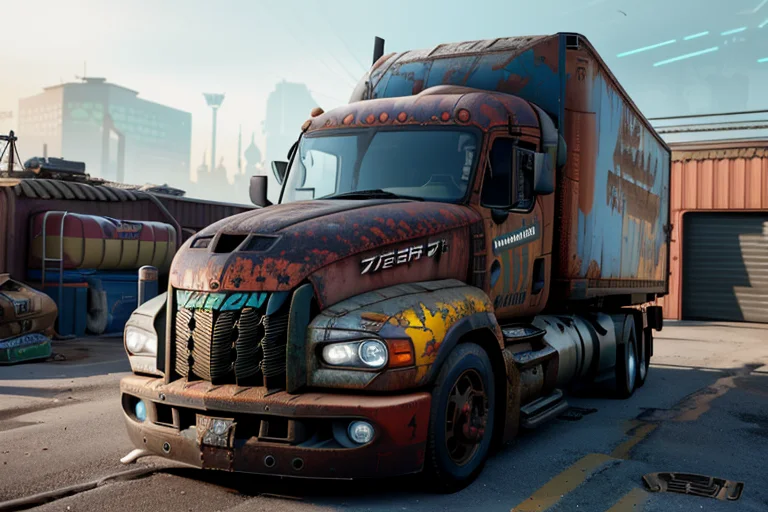 3d Render Of A Rusted Broken Cyberpunk Flatbed Truck In A Ga...