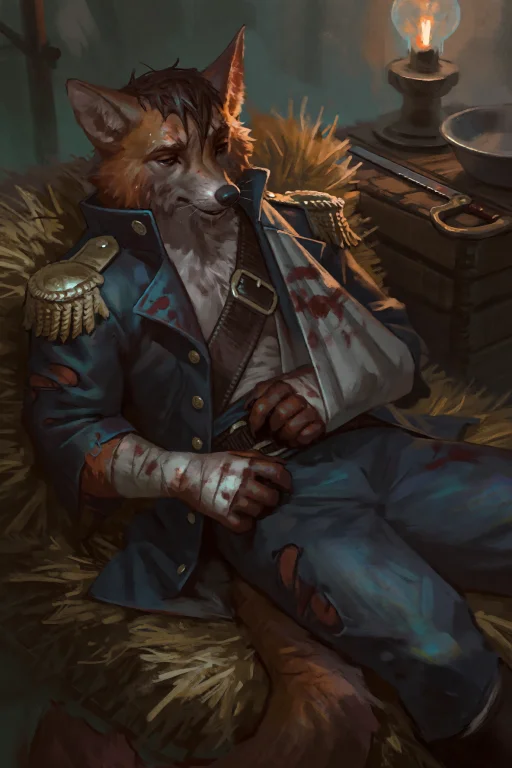 An Anthropomorphic Fox Officer Lying On A Straw Pallet In A...