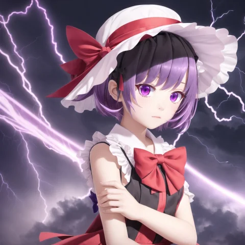 1girl, Bow, Dress, Female Focus, Frills, Hat, Lightning, Pur... — Stable Diffusion AI Prompt: 1girl, bow, dress, female focus, frills, hat, lightning, purple hair, red eyes,...
