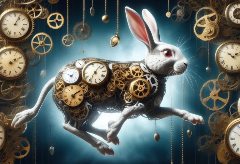 Clockwork Rabbit Running In Panic, Clock Face Body, Exposed...