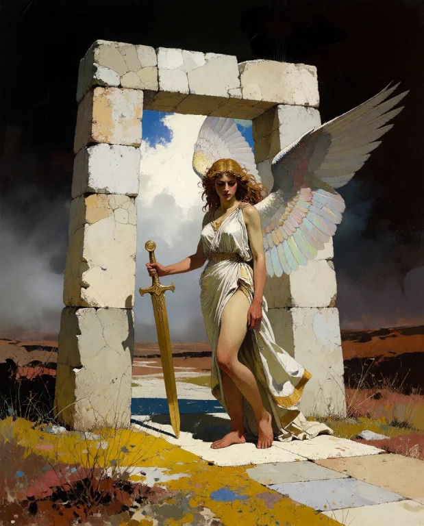 Bradhamel Art Style, Dark Background. A Large Ancient Stone...