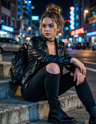 Documentary Photograph Of A Young Woman With Light Brown Hai... — Stable Diffusion AI Prompt: Documentary photograph of a young woman with light brown hair tied in a messy hi...
