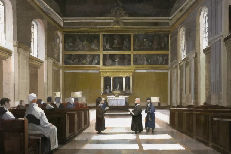 A Painting Of A Group Of People In A Church With A Priest In...