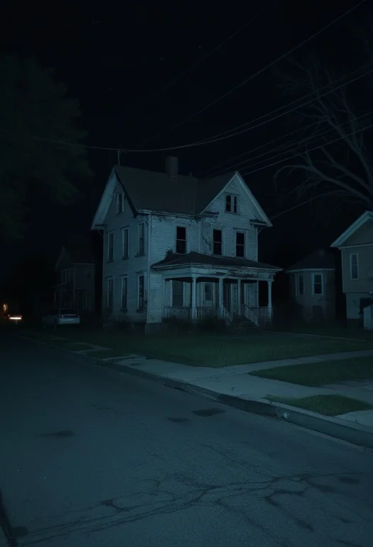 Neighborhood Street, Creepy House, Night Time, Run Down,