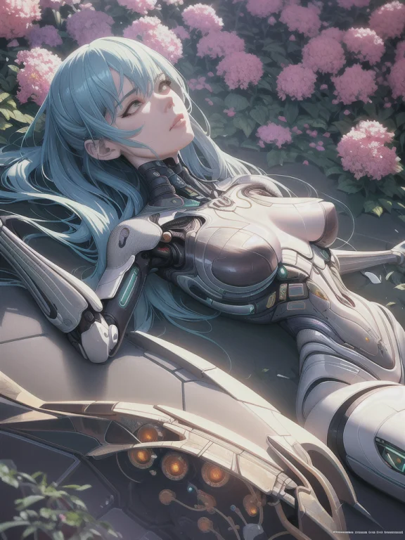 Ultra Realistic, Dead Woman Robot Lying In Flower Garden, Cy...