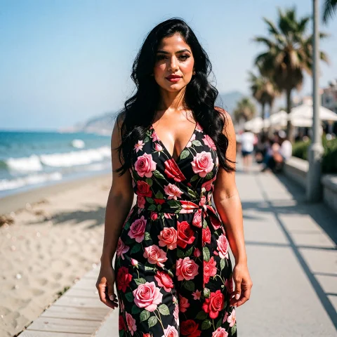 Mona-s Wearing A Rose Print Sleeveless Romper With A Densefl... — Stable Diffusion AI Prompt: Mona-S wearing a rose print sleeveless romper with a DenseFloralPrint, deep V-ne...