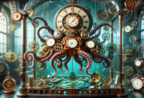 A Gigantic Octopus Completely Made From Intricate Antique Cl... — SDXL AI Prompt: A gigantic octopus completely made from intricate antique clockwork, eight mecha...