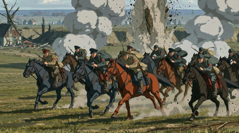 World War I Cavalry Unit Attempting To Cross An Open Field W...