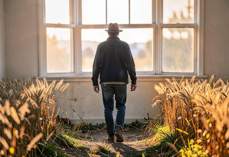 A Farmer Walking Home Through Golden Fields, Soft Window Lig...