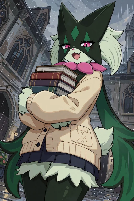 A Cheerful Anthro Furry Meowscarada With Pink Eyes Hugging A...