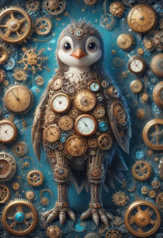 A Cute Toy Penguin Clocks, Gears, Cogs, Clockwork Anatomy — SDXL AI Prompt: a cute toy penguin clocks, gears, cogs, clockwork anatomy
