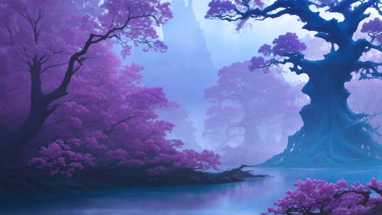 Scenery, Conceptart, A Giant Tree Next To A River Of Purple...
