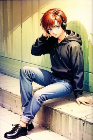 Takada Akemi, 1boy, Bangs, Black Footwear, Blue Eyes, Casual... — Stable Diffusion AI Prompt: takada akemi, ((1boy)), bangs, black footwear, blue eyes, casual, dated, denim,...